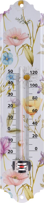 Binnen/buiten thermometer metaal met lentebloemen/zomerse print 29 x 6.5 cm - Huis/Tuin - Temperatuurmeters