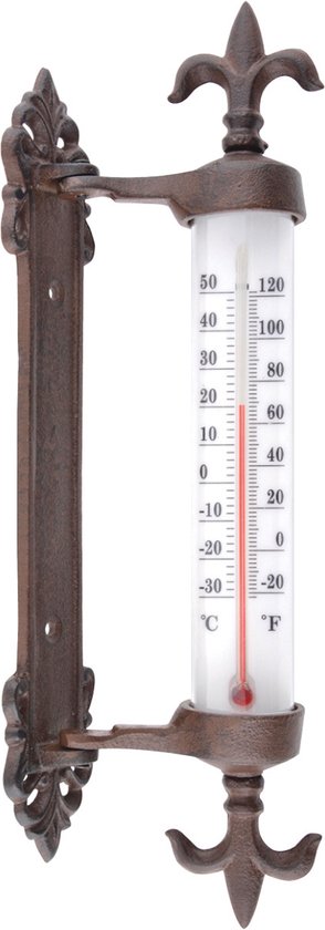 Wandthermometer gietijzer met Franse lelies voor binnen en buiten - kozijnthermometer en buitenthermometer