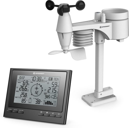 Bresser Weerstation ClimateScout - 7-in1 Zwart - Draadloos - Voor Binnen & Buiten - Met 360° Windmeter