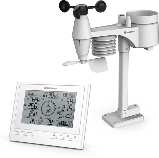 Bresser ClimateScout Weerstation - 7-in1 Wit - Draadloos - Voor Binnen & Buiten - Met 360° Windmeter