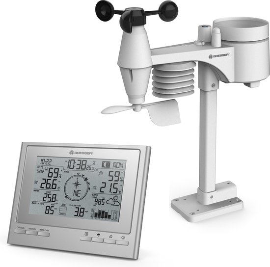 Bresser Weerstation ClimateScout - 7-in1 Zilver - Draadloos - Voor Binnen & Buiten - Met 360° Windmeter