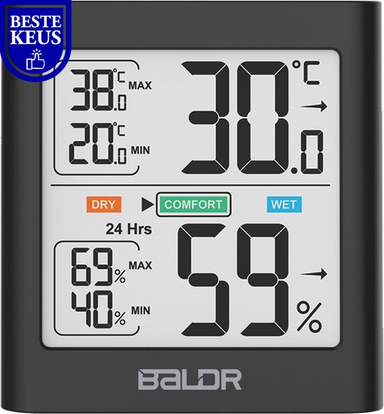 BALDR® Hygrometer - Thermometer - Luchtvochtigheidsmeter - Digitaal Weerstation - Voor binnen - Zwart