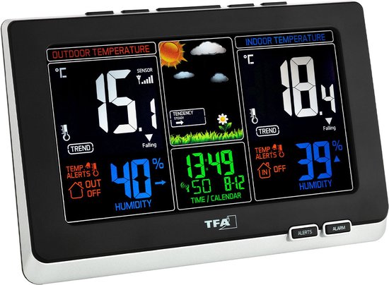 TFA Dostmann 35.1129.01 - Weerstation - Digitaal - Binnen- en buitentemperatuur - Binnen- en buitenvochtigheid - Radiogestuurde tijdsaanduiding - Temperatuuralarm - Weerverwachting - Datumaanduiding - Kleurendisplay - 7 talen - Zwart - Wit