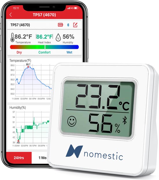 Nomestic® Bluetooth Hygrometer – Hygrometer binnen – Luchtvochtigheidsmeter – Digitale Thermometer – Inclusief Mobiele App
