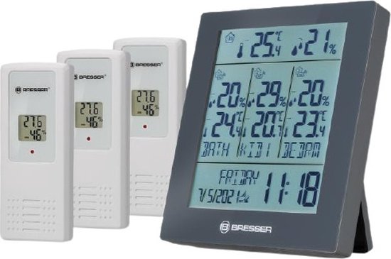 Bresser Weerstation - Quadro Neo Thermo- en Hygrometer Grijs - Incl. 3 Buitensensoren - Voor Binnen & Buiten