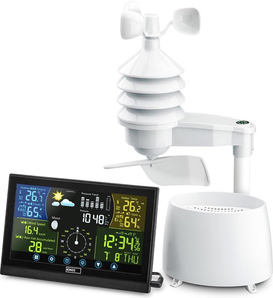 Emos Select professioneel weerstation met buitensensor, incl. Touchscreen kleurendisplay, DCF-ontvangstsignaal klok - binnen- en buitentemperatuur, weersvoorspelling, met draadloze regenmeter en windmeter