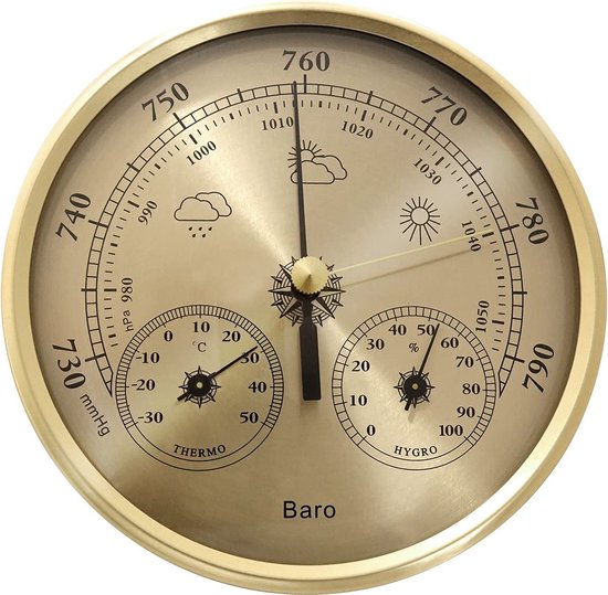 Luxe Barometer Weerstation met Thermometer en Hygrometer – Messing Goudkleurig – Voor Binnen en Buiten