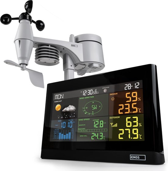 EMOS Weerstation met Wind en Regenmeter, Draadloos Binnen- en Buitenweersysteem met Kleurendisplay, Bewaakt Temperatuur, Luchtdruk, Luchtvochtigheid, Comfort & Hitte-index, 12-24 Uursvoorspelling