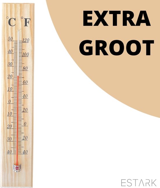 ESTARK® Buitenthermometer EXTRA GROOT - 40 x 7 CM - Binnenthermometer - Metalen Binnen Buiten Thermometer - Thermometer voor aan Muur Gevel - Kwik - Draadloos - Min/Max - Muurthermometer - Kozijnthermometer - Temperatuurmeter - Thermometer Hout (H40)