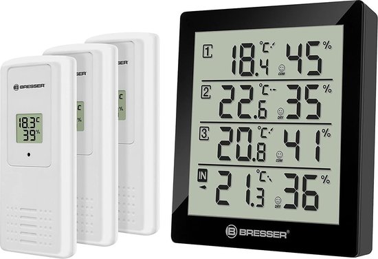 Bresser Weerstation - Temeo Thermo- en Hygrometer - Zwart incl. 3 Sensoren - Voor Binnen en Buiten