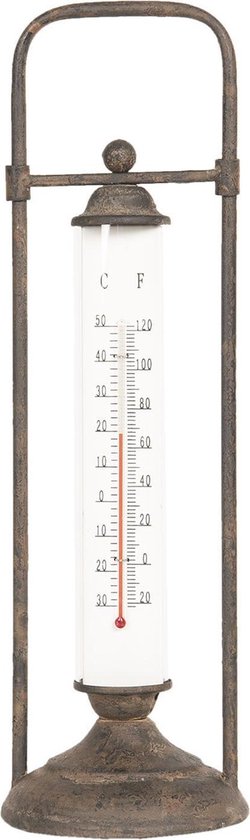 Clayre & Eef Thermometer Buiten 13x13x43 cm Zwart Ijzer Glas Rond Thermometer Gietijzer