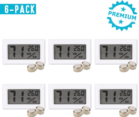Qitch&Quisine - Hygro - Vochtmeter - Hygrometer - Hygrometer Met Batterijen - Wit - Inclusief Thermometer - Digitale Luchtvochtigheidsmeter - Voor Binnen & Buiten - 2 in 1 - Set van 6