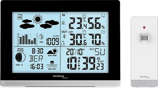 Weerstation - Voorspelling / geschiedenis weer - Radio gestuurd -  Dag / Datum - Wekker - Thermometer / Hygrometer - Maanstand - Achtergrond verlichting - Techno Line WS 6762