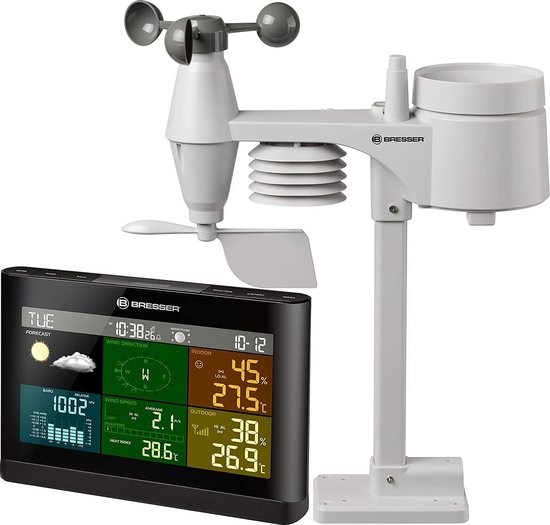 Bresser Weerstation - Bresser 5-in-1 Weerstation - Met Multifunctionele Buitensensor - Met Regen- en Windmeter - Zwart