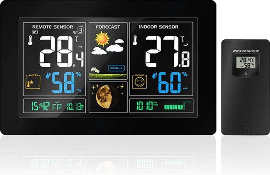 YONO Weerstation Binnen en Buiten – Draadloos met Buitensensor - Thermometer - Hygrometer – Barometer - Maanstand – Datum en Tijd - WS300 Zwart