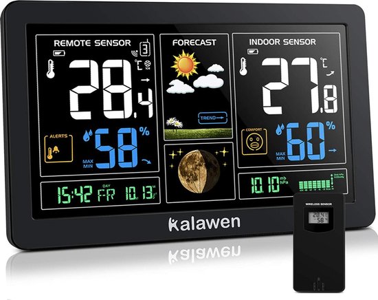 Kalawen weerstation met buitensensor radio 9-in-1 kleurendisplay digitale radio weerstation DCF radioklok thermometer hygrometer regenmeter en tijdweergave voor thuiskantoor huis tuin