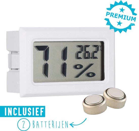 Compacte Hygrometer Mèt Batterijen - Wit - Hygro- en Thermometer - Digitale Luchtvochtigheidsmeter - Vochtmeter Voor Binnen - 2 in 1