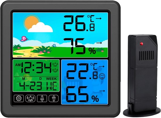 Rs&k Weerstation binnen en buiten - Hygrometer- Draadloos weerstation met buitensensor tot 60 meter bereik - Waterdicht- Zwart