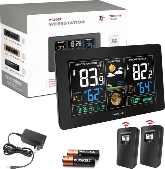Trophy tech Weerstation binnen en buiten inc 2 ontvangers – Draadloos Weerstation met Buitensensor – Bereik tot 60 meter – Weerstation met LCD-display – Met weerbericht en hygrometer – Waterdicht – Barometer – Nederlandse handleiding