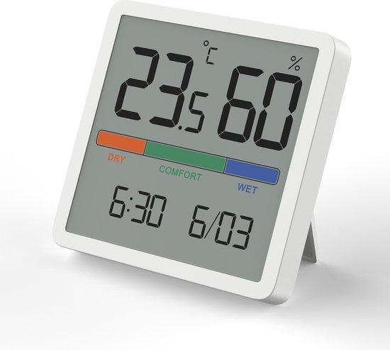 GreenBlue GB380 - Thermometer en hygrometer met klok - CR2032 batterij - Wit