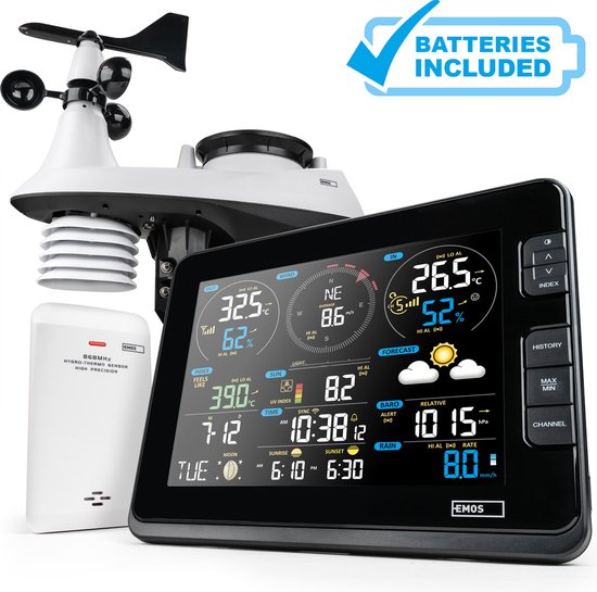 EMOS Weerstation met Wifi, Draadloos Binnen- en Buitenweersysteem met Kleurendisplay, Bewaakt Tijd & Datum, Temperatuur, Luchtvochtigheid, Luchtdruk, Comfort & Hitte-index, 12-24 Uursvoorspelling, Inc. Batterijen