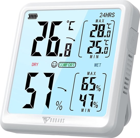 Selwo Thermometer hygrometer voor binnen, digitale thermo-hygrometer, 3,05 inch, groot lcd-scherm met aanraakbare achtergrondverlichting, type C-lading, vochtigheid, kamerthermometer voor thuis, kantoor, kamertuin (wit)