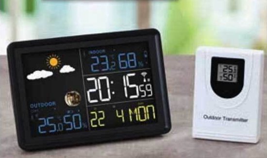 Weerstation met buitensensor - Zwart - GT-WS-19H - Slim - Weervoorspelling - Radiogestuurde klok en alarmfunctie met grote kleurendisplay - Radiografisch weerstation - Maanstand - Binnen en Buiten - Kalender - Wekker - Hygrometer - Vaderdagtip!