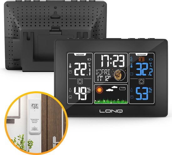 LONQ Weerstation - Binnen en Buiten - Draadloos - Thermometer Hygrometer - 100 Meter Bereik - Buitensensor - Zwart