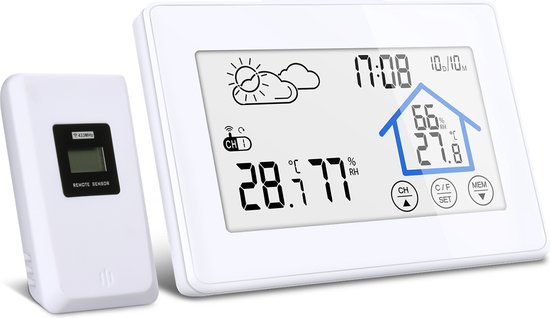 Draadloos weerstation - met buitensensor en touchscreen- Weersvoorspelling - Temperatuur - Smart Home Hygrometer - Thermometer Voorspellingssensor - geschikt voor huishouden en buiten - Wit