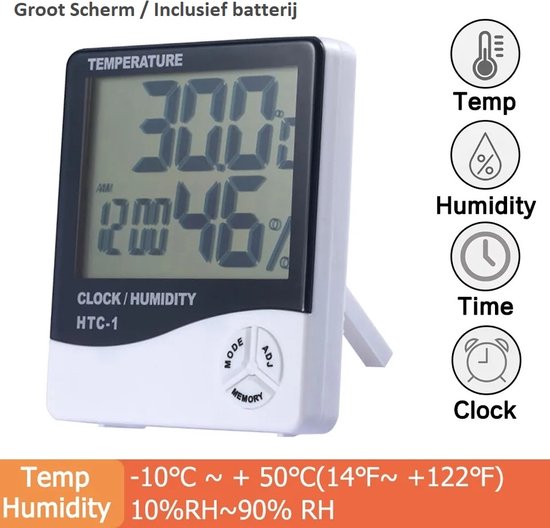 OAUEE Lcd Elektronische Digitale Temperatuur Vochtigheid Meter Indoor Outdoor Thermometer Hygrometer Weerstation Klok HTC-1 (inclusief batterij)