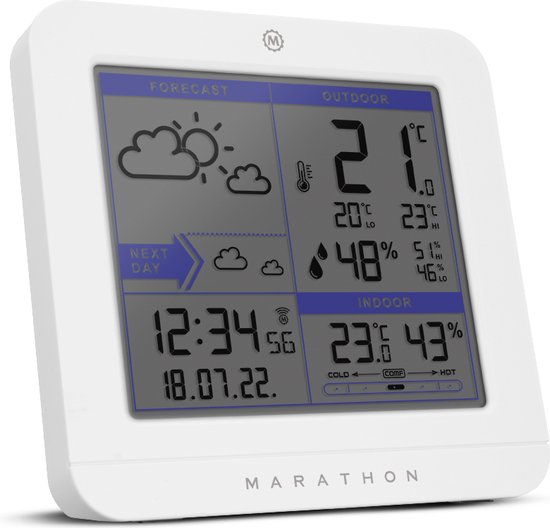 Marathon- Paris- Weerstation- Binnen-en buitentemperatuur- Binnen-en buitenvochtigheidsgraad- Comfortindicator- Geleverd met thermo-hygrosensor-Wit- Proudly Canadian