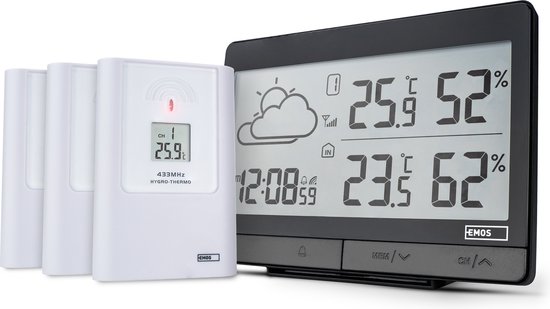 EMOS Weerstation, Draadloos Weerstation op Batterijen, Binnen- en Buitenweersysteem met Grijsdisplay, Tijd & Temperatuur, Luchtvochtigheid, Wekker en Alarmfunctie, 12-24 Uursvoorspelling, Weerstation met Buitensensor, met 2 extra sensoren