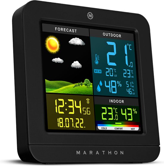 Marathon- Berlin- Weerstation- Kleurenscherm- Binnen-en buitentemperatuur- Binnen-en buitenvochtigheidsgraad- Comfortindicator- Geleverd met thermo-hygrosensor-Zwart- Proudly Canadian