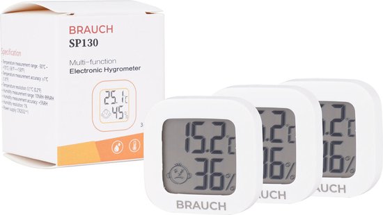 Brauch SP130 Digitale Thermometer + Hygrometer Binnen en Buiten – , voor Slaapkamer, Badkamer, Woonkamer - 3 Stuks