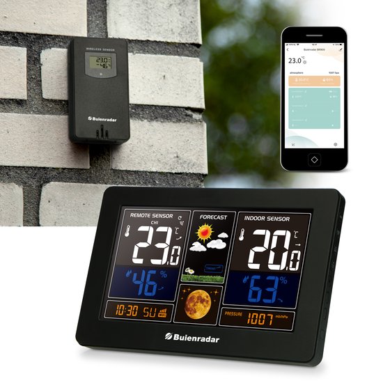 Buienradar BR900 - 3-in-1 Wifi Weerstation - Met App en draadloze Buitensensor - Zwart