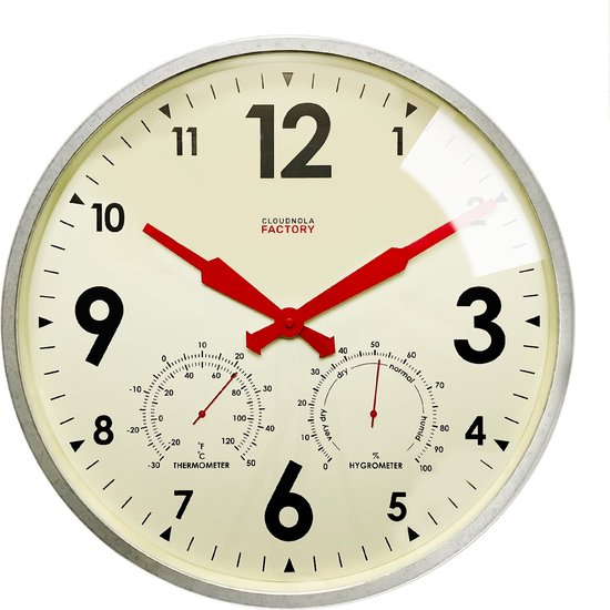 Cloudnola – Buiten klok waterdicht - weerbestendige buitenklok met thermometer en hygrometer - XL Wandklok voor binnen en buiten – Waterproof - Zink - Stationsklok - Diameter 45 cm – Stil Uurwerk