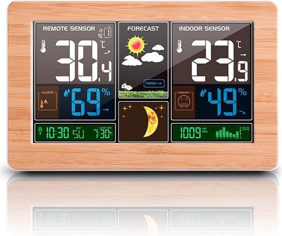 Draadloos Weerstation met Kleurendisplay - Digitale Thermometer, Hygrometer, Binnen en Buiten - Kamerthermometer, hydrometer, DCF-ontvangstsignaal, radioklok, weersvoorspelling, maanfase (hout)