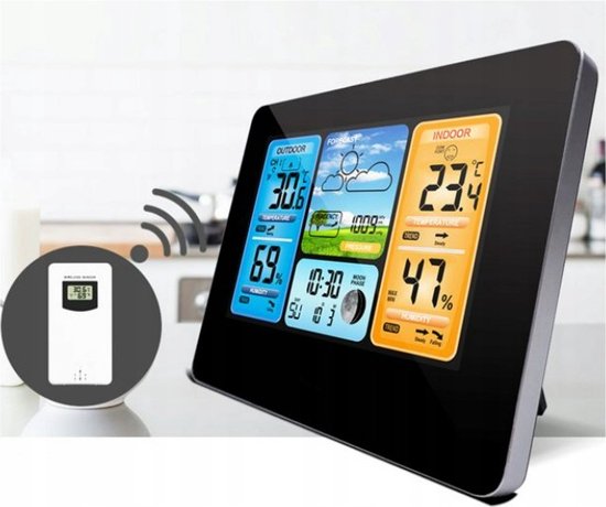 Digitaal Weerstation - Draadloos - Uursvoorspelling - Wind en Regenmeter- 60 Meter Bereik - LCD Kleurenscherm - Luchtdruk - Luchtvochtigheid - Meetbereik -9,9 °C tot 50 °C