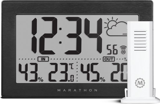 Marathon- Geneva- Weerstation- Binnen-en buitentemperatuur- Binnen-en buitenvochtigheidsgraad- Geleverd met thermo-hygrosensor- Verbinding Tot 3 sensoren- Radiogestuurde klok-Proudly Canadian