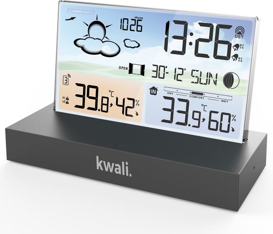 kwali.® Weerstation Pro 2023 - Draadloos Weerstation Binnen en Buiten - Weerstation met Buitensensor - Hygrometer Binnen - Luchtvochtigheidsmeter - Temperatuurmeter