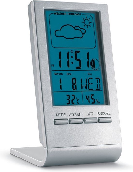 Weerstation / Barometer Mini met blauw LCD Display - Weersvoorspelling - Tijd - Datum - Temperatuur - Luchtvochtigheid - met Alarmfunctie - ZILVER - Ideaal voor op reis - camping - camper - caravan - tent - 6 x 10 cm