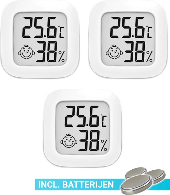 Compacte Thermometer en Hygrometer Mèt Batterijen - Luchtvochtigheidsmeter - Digitale Vochtmeter Voor Binnen - 2 in 1 Thermohygrometer - Set van 3