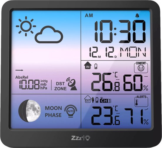 Yuconn Weerstation - Binnen en Buiten - Draadloos - Thermometer Hygrometer - 100 Meter Bereik - Buitensensor - Barometer - Weersvoorspelling - DST / DCF Gestuurde Klok - Zwart