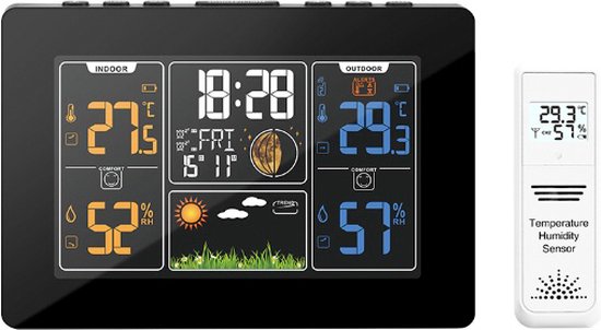 Weerstation - Draadloos weerstation met Waterdichte Buitensensor - Thermo Hygrometer - Intelligente weersvoorspelling met Barometer - Weather Station - 60 M Bereik - Zwart - inclusief 5x Batterijen