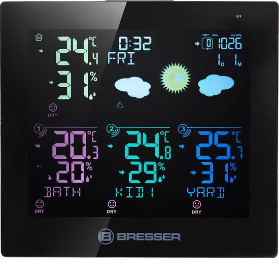 Bresser Weerstation - Quadro NEO - Thermo- en Hygrometer - Met 3 Buitensensoren - Kleurenscherm en Weersvoorspelling - Zwart