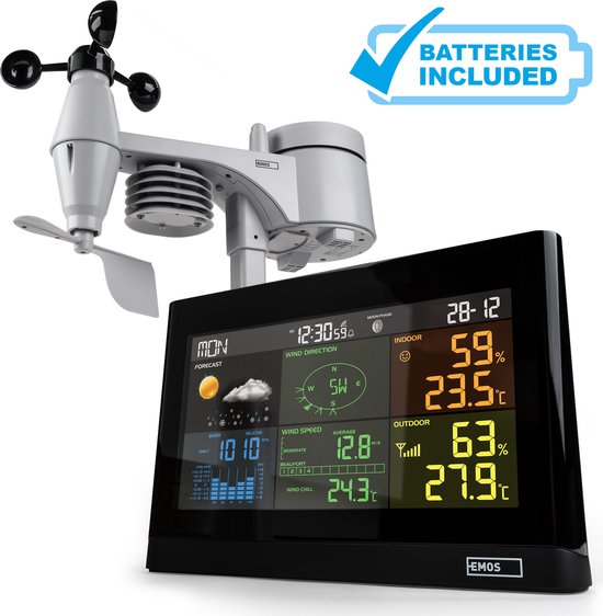 EMOS Weerstation met Wind en Regenmeter, Draadloos Binnen- en Buitenweersysteem met Kleurendisplay, Bewaakt Temperatuur, Luchtvochtigheid, Luchtdruk, Comfort & Hitte-index, 12-24 Uursvoorspelling, Inc. Batterijen