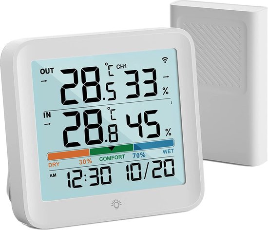 YUCONN Weerstation Hygrometer - Luchtvochtigheidsmeter - Binnen en Buiten - Draadloos met Buitensensor - Thermometer Binnen - Digitaal - Wit
