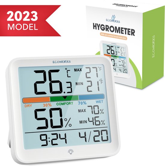 Ecoworks Weerstation Hygrometer Incl. Batterijen - Met Achtergrondverlichting - Luchtvochtigheidsmeter - Thermometer voor Binnen
