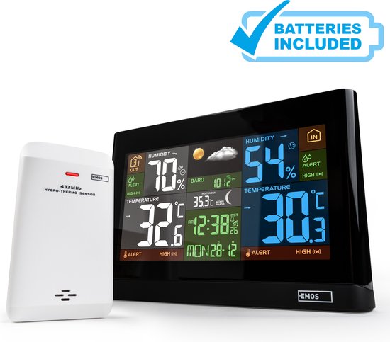 EMOS Weerstation, Draadloos Binnen- en Buitenweersysteem met Kleurendisplay, Bewaakt Tijd & Datum, Temperatuur, Luchtvochtigheid, Luchtdruk, Comfort & Hitte-index, 12-24 Uursvoorspelling, Inc. Batterijen